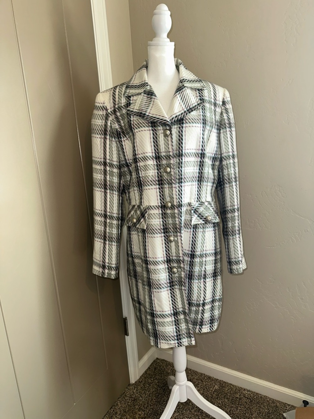 Worthington Purple and White Plaid Mid-Length Trench Coat. Perfect for spring.
